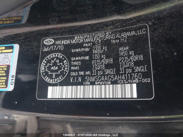 Продаж на аукціоні авто 2010 Hyundai Santa Fe Gls, vin: 5NMSG4AG5AH411760, номер лоту: 12648837
