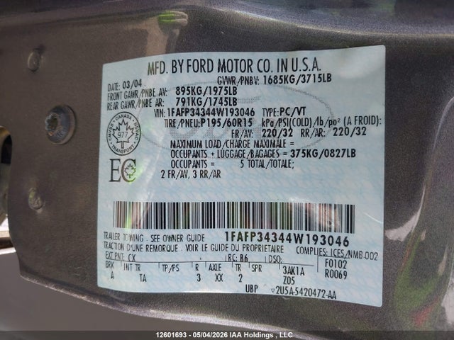 12601693 :رقم المزاد ، 1FAFP34344W193046 vin ، 2004 Ford Focus Se مزاد بيع
