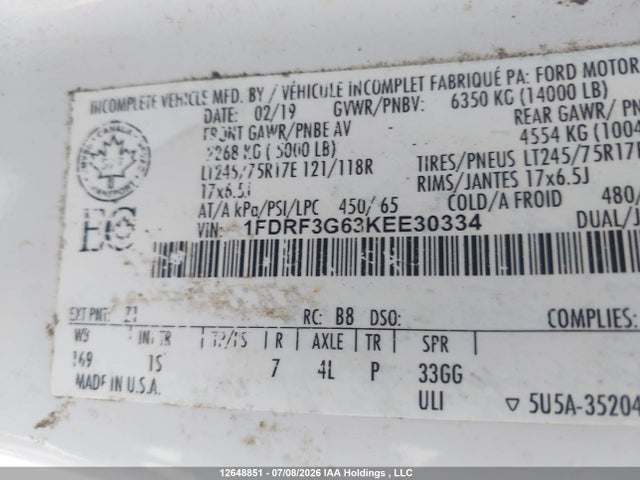 Продаж на аукціоні авто 2019 Ford F350 Super Duty, vin: 1FDRF3G63KEE30334, номер лоту: 12648851