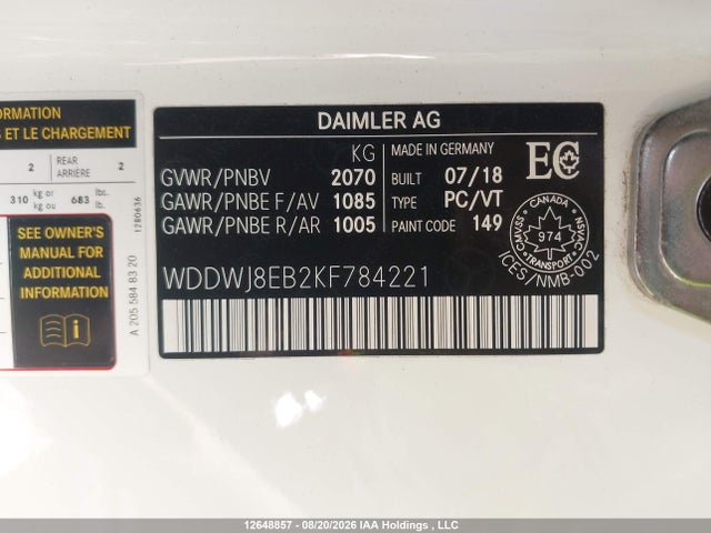 Aukcja sprzedaży 2019 Mercedes-benz C 300 4matic, vin: WDDWJ8EB2KF784221, numer aukcji: 12648857