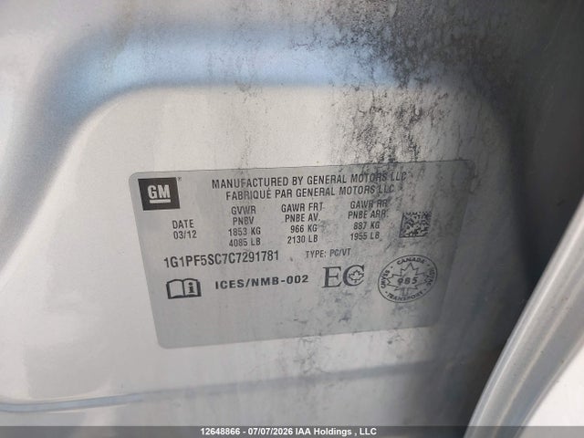 Продаж на аукціоні авто 2012 Chevrolet Cruze Lt, vin: 1G1PF5SC7C7291781, номер лоту: 12648866