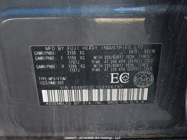 12648877 :رقم المزاد ، 4S4BSCGC7G3306797 vin ، 2016 Subaru Outback 2.5i Limited Package مزاد بيع