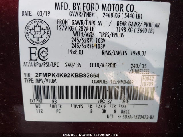 2019 Ford Edge Titanium მანქანა იყიდება აუქციონზე, vin: 2FMPK4K92KBB82664, აუქციონის ნომერი: 12637902