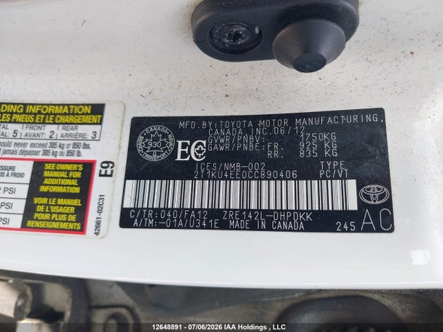 Продаж на аукціоні авто 2012 Toyota Corolla Matrix, vin: 2T1KU4EE0CC890406, номер лоту: 12648891