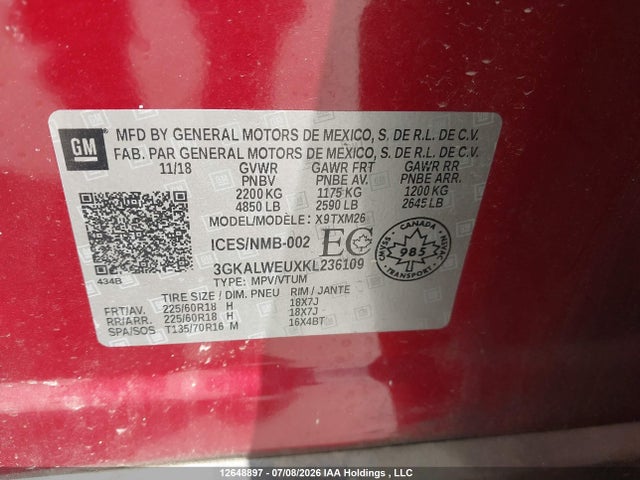 Aukcja sprzedaży 2019 Gmc Terrain Slt Diesel, vin: 3GKALWEUXKL236109, numer aukcji: 12648897