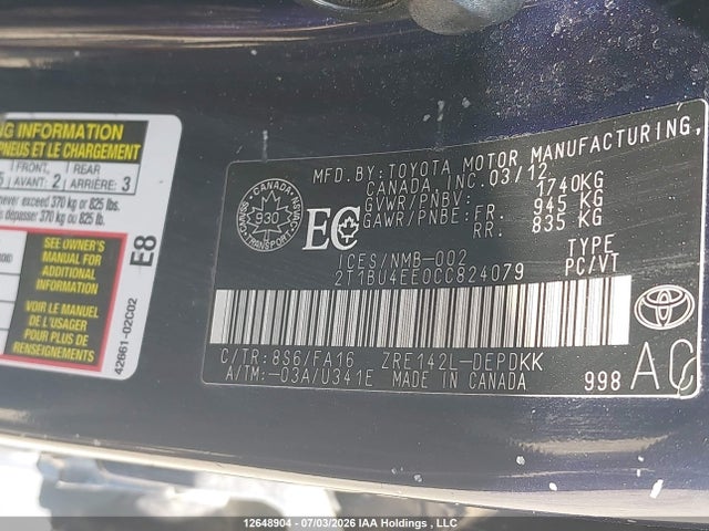 Aukcja sprzedaży 2012 Toyota Corolla S/le, vin: 2T1BU4EE0CC824079, numer aukcji: 12648904