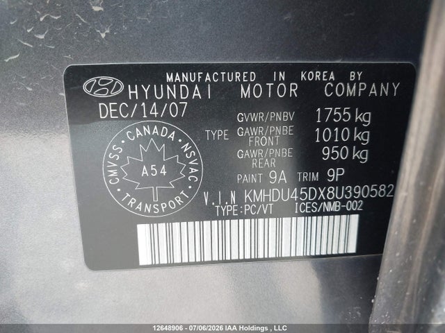 2008 Hyundai Elantra Gl/gls/gls Sport/limited მანქანა იყიდება აუქციონზე, vin: KMHDU45DX8U390582, აუქციონის ნომერი: 12648906