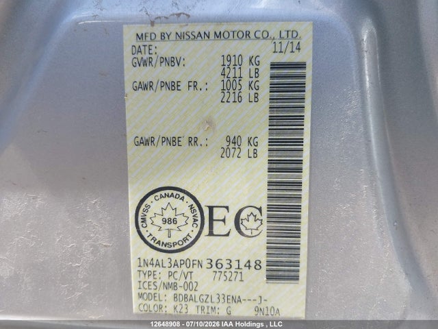 12648908 :رقم المزاد ، 1N4AL3AP0FN363148 vin ، 2015 Nissan Altima 2.5/s/sv/sl مزاد بيع