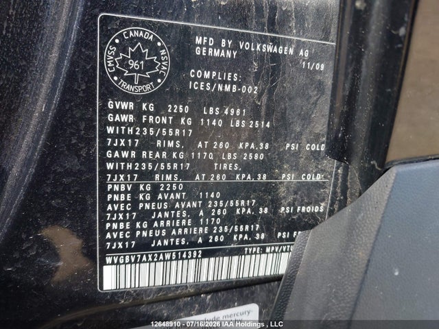 Aukcja sprzedaży 2010 Volkswagen Tiguan Se/sel, vin: WVGBV7AX2AW514392, numer aukcji: 12648910