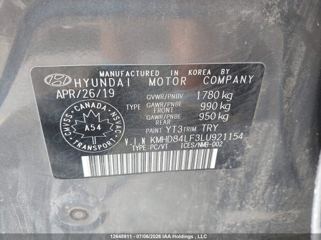 2020 Hyundai Elantra Preferred Auto Ivt მანქანა იყიდება აუქციონზე, vin: KMHD84LF3LU921154, აუქციონის ნომერი: 12648911