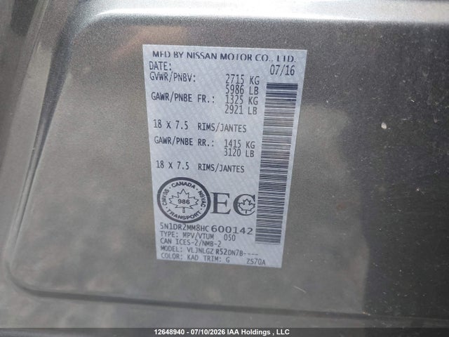 5N1DR2MM8HC600142 Nissan Pathfinder S/sv/sl/platinum