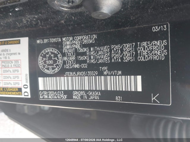 2013 Toyota 4runner Sr5 V6 მანქანა იყიდება აუქციონზე, vin: JTEBU5JRXD5135529, აუქციონის ნომერი: 12648944