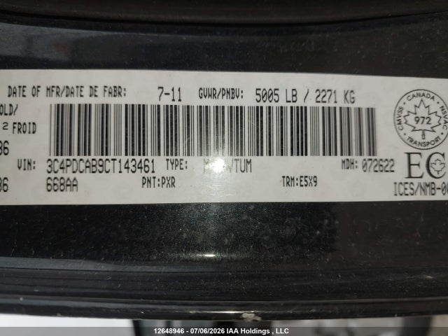 2012 Dodge Journey Se მანქანა იყიდება აუქციონზე, vin: 3C4PDCAB9CT143461, აუქციონის ნომერი: 12648946