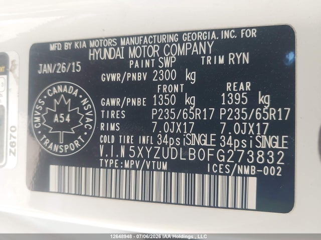 12648948 :رقم المزاد ، 5XYZUDLB0FG273832 vin ، 2015 Hyundai Santa Fe Sport مزاد بيع