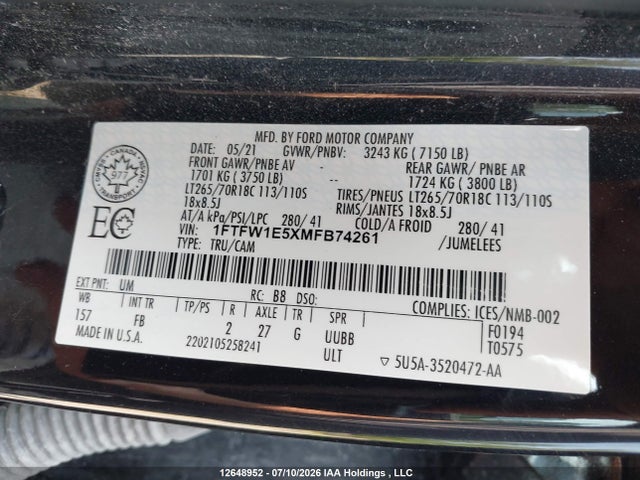2021 Ford F-150 King Ranch/lariat/platinum/xl/xlt მანქანა იყიდება აუქციონზე, vin: 1FTFW1E5XMFB74261, აუქციონის ნომერი: 12648952