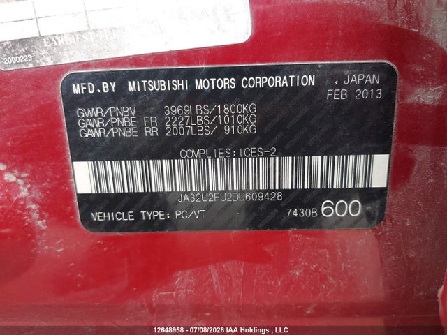 Aukcja sprzedaży 2013 Mitsubishi Lancer, vin: JA32U2FU2DU609428, numer aukcji: 12648958