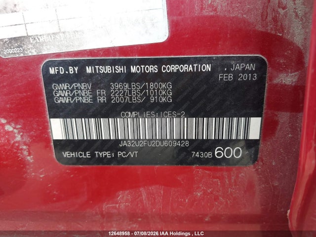 Aukcja sprzedaży 2013 Mitsubishi Lancer, vin: JA32U2FU2DU609428, numer aukcji: 12648958