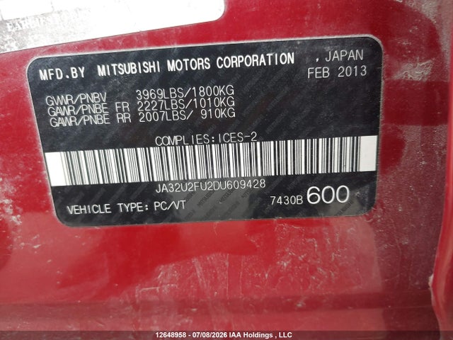 Aukcja sprzedaży 2013 Mitsubishi Lancer, vin: JA32U2FU2DU609428, numer aukcji: 12648958