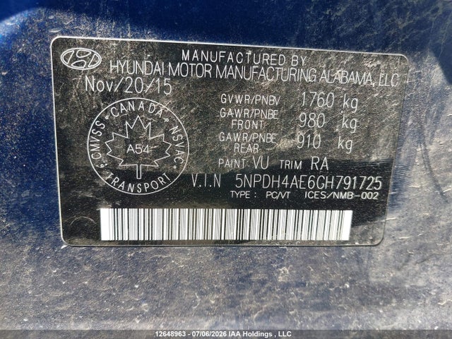 12648963 :رقم المزاد ، 5NPDH4AE6GH791725 vin ، 2016 Hyundai Elantra Le-r مزاد بيع