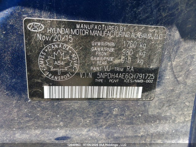 5NPDH4AE6GH791725 Hyundai Elantra Le-r