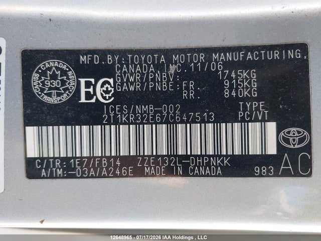 Продажа на аукционе авто 2007 Toyota Matrix Xr, vin: 2T1KR32E67C647513, номер лота: 12648965