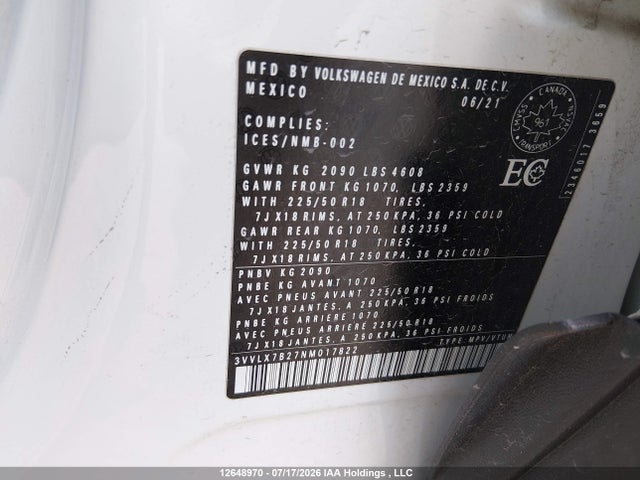 Продаж на аукціоні авто 2022 Volkswagen Taos, vin: 3VVLX7B27NM017822, номер лоту: 12648970