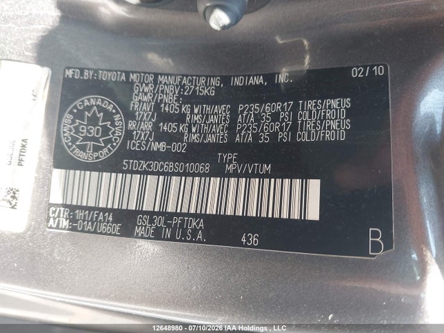 Продажа на аукционе авто 2011 Toyota Sienna V6 7 Passenger, vin: 5TDZK3DC6BS010068, номер лота: 12648980