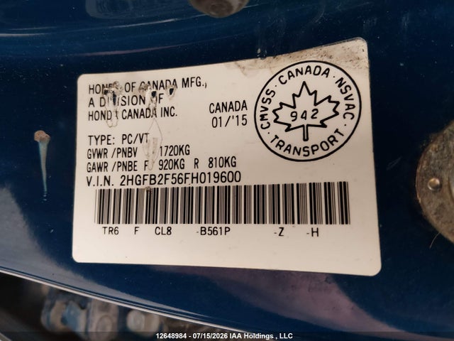 Honda Civic 2015 2HGFB2F56FH019600 Image 9