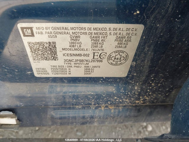 12648989 :رقم المزاد ، 3GNCJPSB7KL287996 vin ، 2019 Chevrolet Trax Lt مزاد بيع