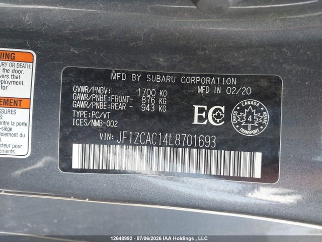 12648992 :رقم المزاد ، JF1ZCAC14L8701693 vin ، 2020 Subaru Brz Limited مزاد بيع