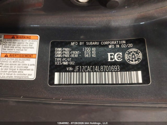 12648992 :رقم المزاد ، JF1ZCAC14L8701693 vin ، 2020 Subaru Brz Limited مزاد بيع
