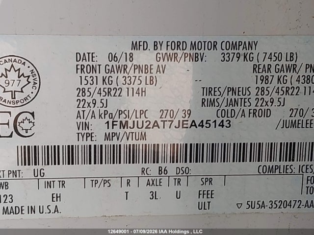 Продажа на аукционе авто 2018 Ford Expedition Limited, vin: 1FMJU2AT7JEA45143, номер лота: 12649001