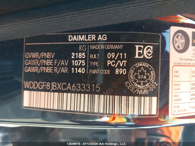 Aukcja sprzedaży 2012 Mercedes-benz C-class, vin: WDDGF8JBXCA633315, numer aukcji: 12649015