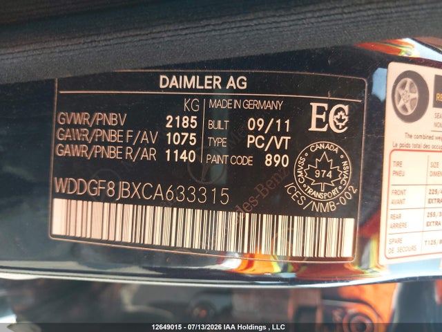 Aukcja sprzedaży 2012 Mercedes-benz C-class, vin: WDDGF8JBXCA633315, numer aukcji: 12649015