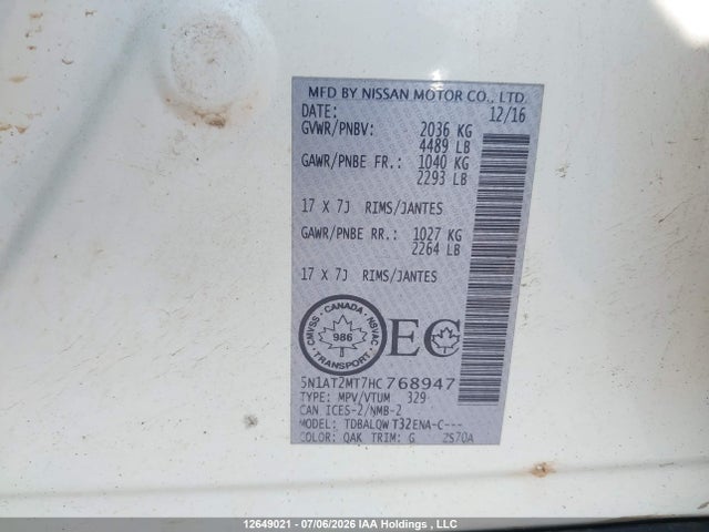 Aukcja sprzedaży 2017 Nissan Rogue S/sv, vin: 5N1AT2MT7HC768947, numer aukcji: 12649021
