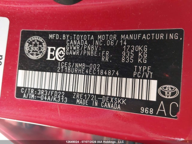 Продажа на аукционе авто 2014 Toyota Corolla L/le/le Pls/prm/s/s Pls, vin: 2T1BURHE4EC184874, номер лота: 12649024