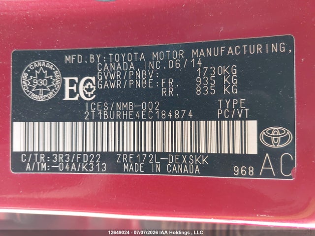 Продажа на аукционе авто 2014 Toyota Corolla L/le/le Pls/prm/s/s Pls, vin: 2T1BURHE4EC184874, номер лота: 12649024