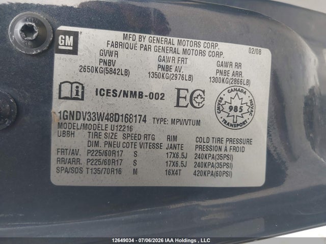Aukcja sprzedaży 2008 Chevrolet Uplander Lt, vin: 1GNDV33W48D168174, numer aukcji: 12649034