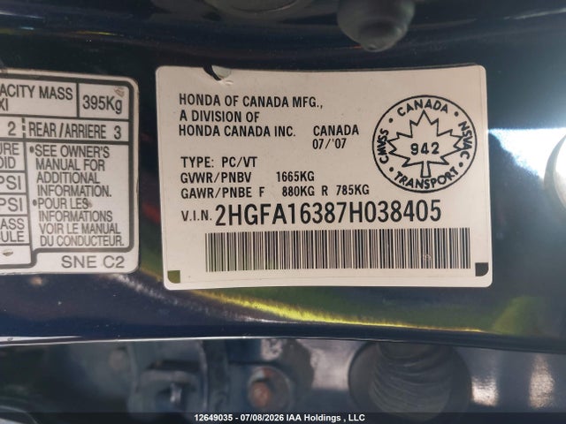 Aukcja sprzedaży 2007 Honda Civic Sdn, vin: 2HGFA16387H038405, numer aukcji: 12649035