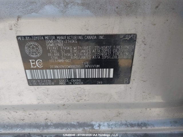 Продаж на аукціоні авто 2012 Toyota Rav4 Base V6, vin: 2T3BK4DV2CW066291, номер лоту: 12649046