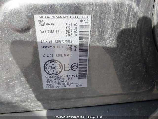 12649047 :رقم المزاد ، 5N1AT2MV1JC797951 vin ، 2018 Nissan Rogue Midnight Edition/s/sl/sl W/propilot Assist/sv مزاد بيع