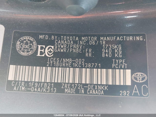 Aukcja sprzedaży 2019 Toyota Corolla Le, vin: 2T1BURHE1KC138771, numer aukcji: 12649054