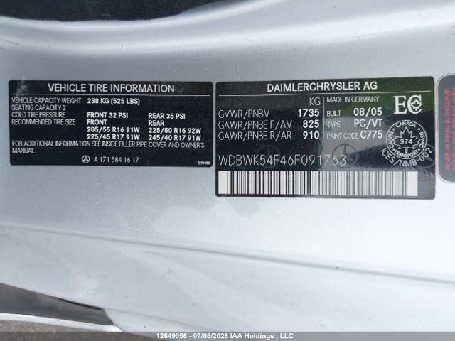 Aukcja sprzedaży 2006 Mercedes-benz Slk 280, vin: WDBWK54F46F091763, numer aukcji: 12649056