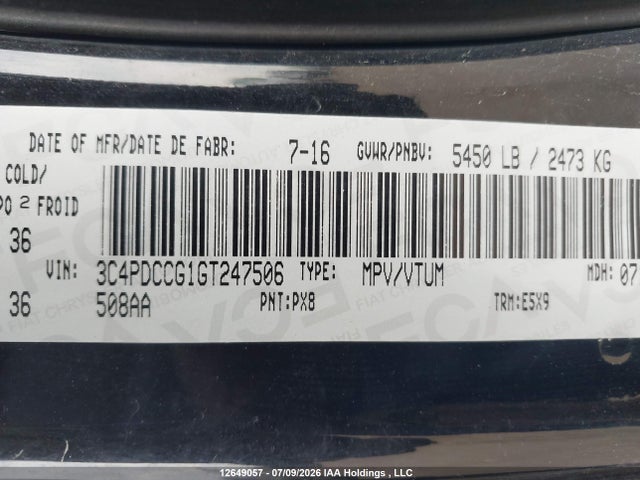 12649057 :رقم المزاد ، 3C4PDCCG1GT247506 vin ، 2016 Dodge Journey Sxt/limited مزاد بيع