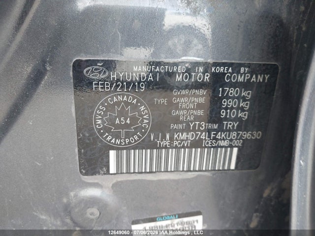 12649060 :رقم المزاد ، KMHD74LF4KU879630 vin ، 2019 Hyundai Elantra Essential مزاد بيع