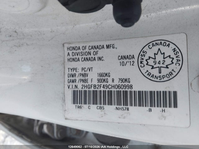 Продаж на аукціоні авто 2012 Honda Civic Lx, vin: 2HGFB2F49CH060998, номер лоту: 12649062