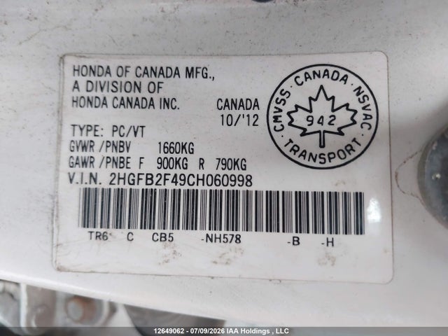 Продаж на аукціоні авто 2012 Honda Civic Lx, vin: 2HGFB2F49CH060998, номер лоту: 12649062