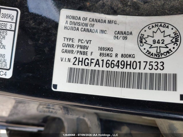 2009 Honda Civic Sport მანქანა იყიდება აუქციონზე, vin: 2HGFA16649H017533, აუქციონის ნომერი: 12649068