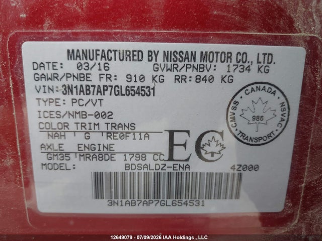 3N1AB7AP7GL654531 Nissan Sentra 1.8 S/1.8 Sl/1.8 Sr/1.8 Sv