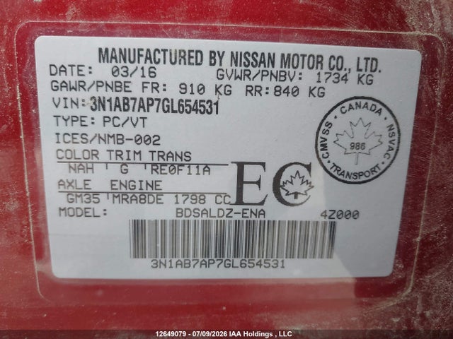 3N1AB7AP7GL654531 Nissan Sentra 1.8 S/1.8 Sl/1.8 Sr/1.8 Sv